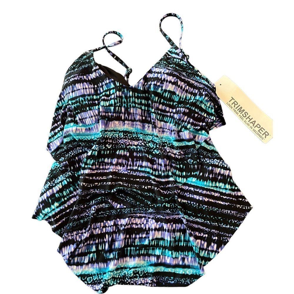 NWT Trimshaper Womens Tankini Bathing Suit Tap Tie Dye Ruffled Womens Sz 8